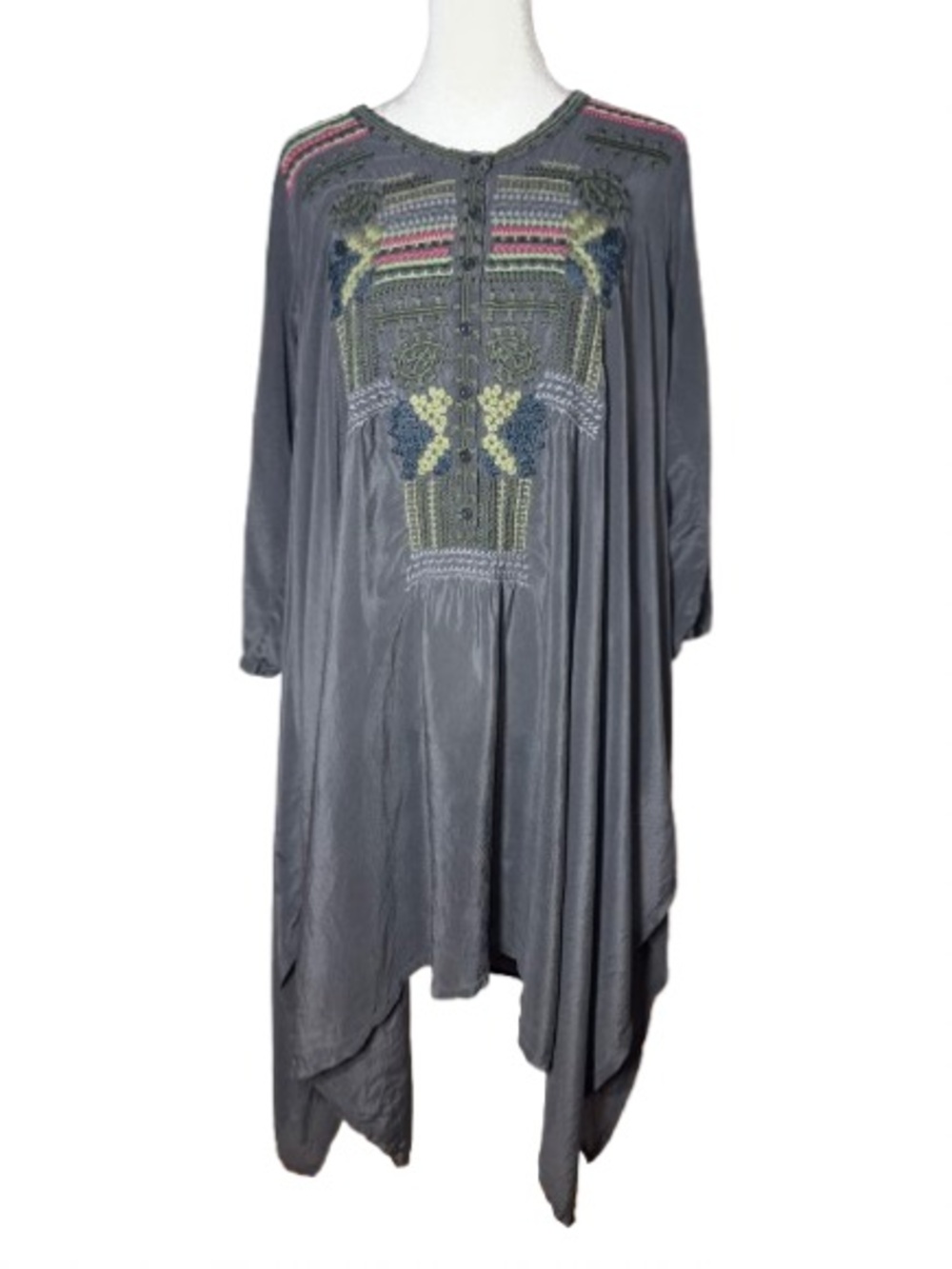 Free People Boho Gray Silk Embroidered Long Sleeve Tunic Dress